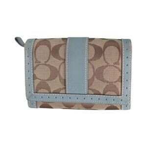 Coach Signature C Canvas Wallet Blue Leather Trim Snap Accordion Y2K